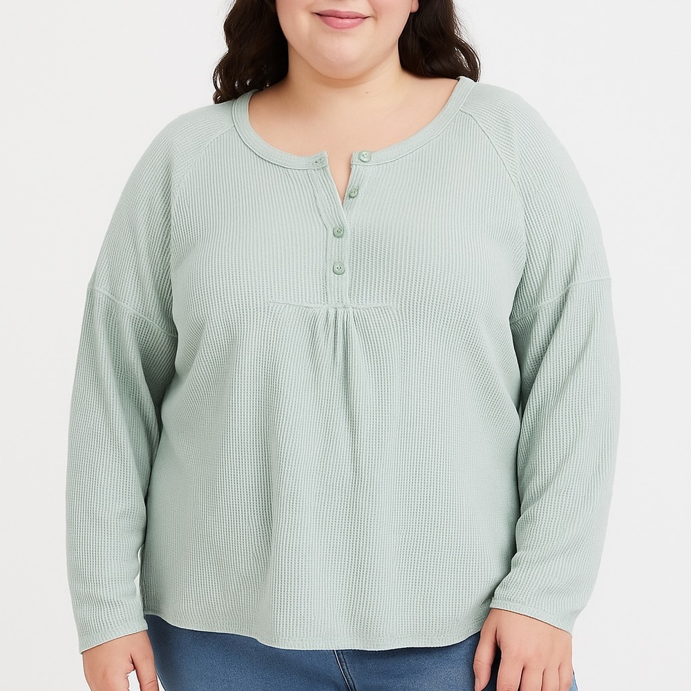 Perch by Blu Pepper Womens 1XL Sage Green Waffle Knit Henley Top PB2ST100